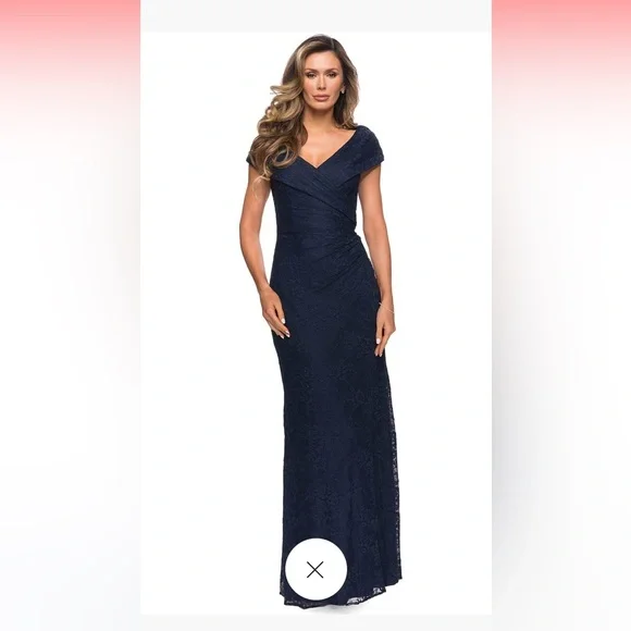 Lace Off The Shoulder Cap Sleeve Evening Dress in Navy